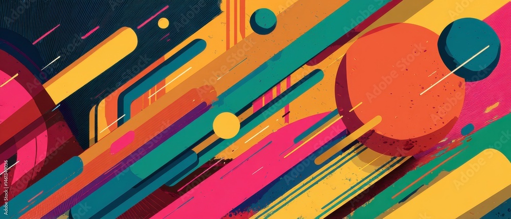 Poster vibrant abstract background with geometric shapes and bold colors, featuring retro design elements a