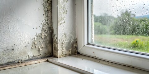 Obraz premium Mould growth on window corner with condensation, moisture accumulation, dampness