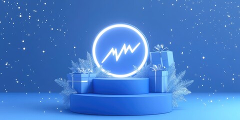 Modern Blue Display with Gifts and Neon Symbol
