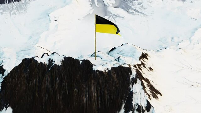Dynamic 3D animation showcasing the Austrian Empire's flag with black and gold horizontal bands and the imperial coat of arms, fluttering atop a snowy mountain summit, embodying imperial pride and str