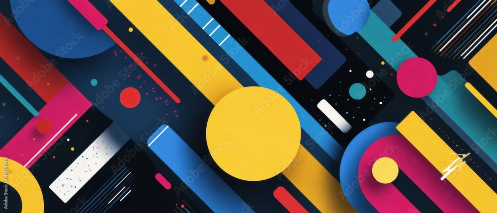 Poster dynamic abstract background with vibrant geometric shapes and playful composition, creating a modern