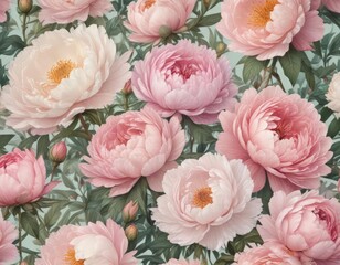 Delicate watercolor peonies & roses, vintage style  , painting, pink