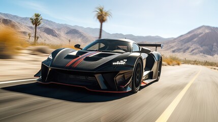 Black sports car with red racing stripes in a stunning desert landscape