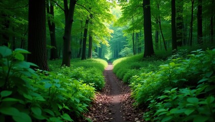Narrow, overgrown forest trail, leading into deep woods, green, wilderness