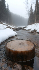 Frozen creek, tranquil log in icy water