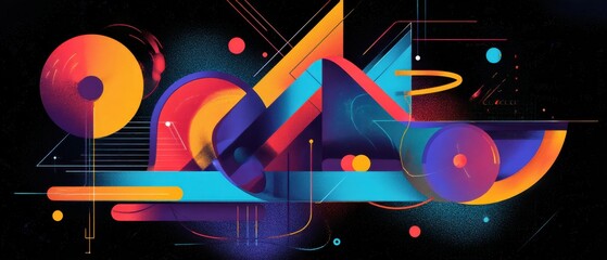 Vibrant abstract geometric shapes with bold colors on dark background Concept of modern art, futuristic design, and creative graphic illustration