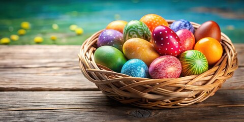 Fototapeta premium Colorful Easter eggs in a basket, easter eggs, holiday decoration