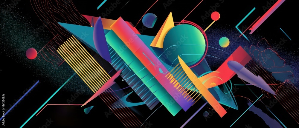 Poster vibrant abstract geometric shapes on black background, dynamic colorful 3d design with modern and fu
