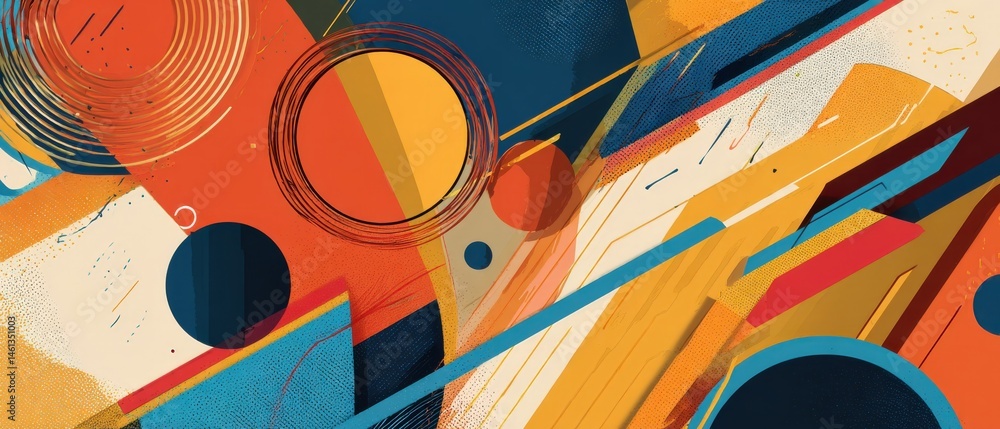 Poster vibrant abstract geometric art with circles and lines in orange, blue, and yellow, creating a dynami