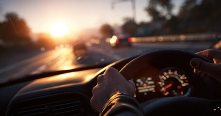 Naklejka premium Sunset Drive with Hands on Steering Wheel in Scenic Landscape