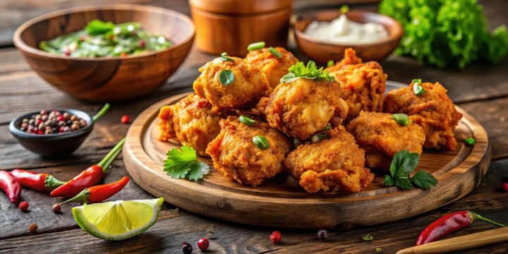 Crunchy fried chicken pakora coated in a spicy gram flour batter, served on a rustic wooden platter