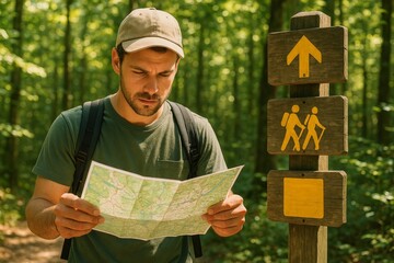 Man in cap reading map near yellow hiking trail signpost in summer forest, planning route