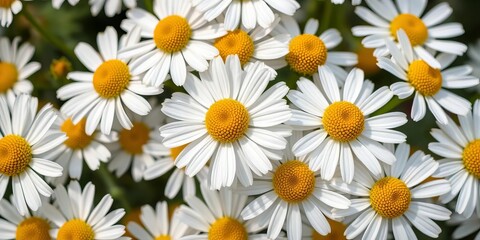 Fototapeta premium Close-up of chamomile blossoms, delicate white petals, vibrant yellow centers, herbal, pollen