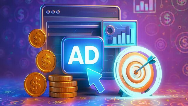 Digital Advertising and Marketing Concept with Ad Button, Target Icon, Coins, and Analytics Representing Online Promotion

