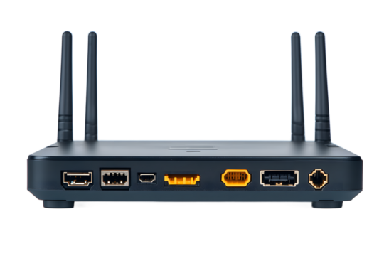 A modern wireless router with antennas on a transparent background, high quality photo for marketing materials, digital media and network themes