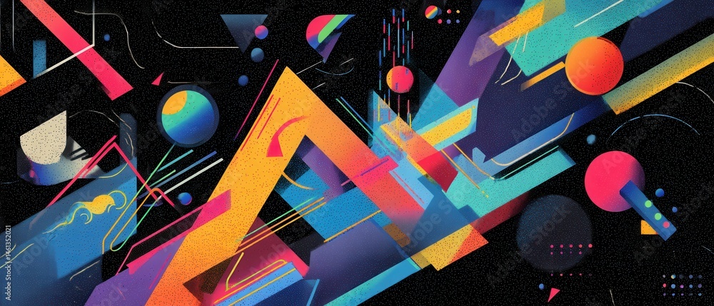 Poster vibrant abstract geometric background with colorful shapes and lines on black backdrop modern art co