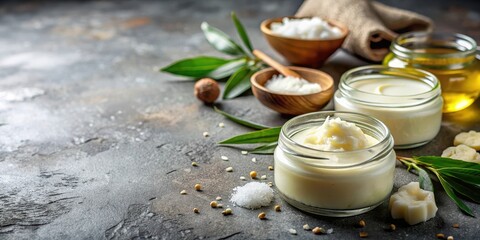Softly glowing diy body butter on a cracked concrete background with jars of shea butter and coconut oil scattered around, oil blends, concrete background