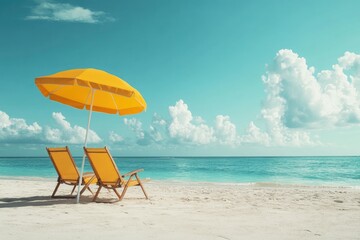 Empty beach chairs under a yellow umbrella