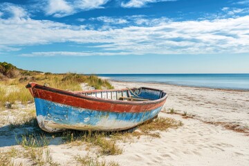 Naklejka premium Old fishing boat on a sandy beach under a partly cloudy sky