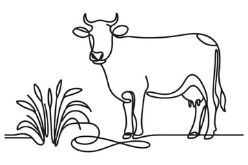 Elegant Single Line Cow Illustration with Grass Vector Design