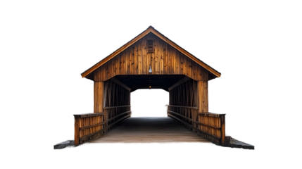 A rustic wooden covered bridge on an isolated background, professional photography for editorial content and historical publications