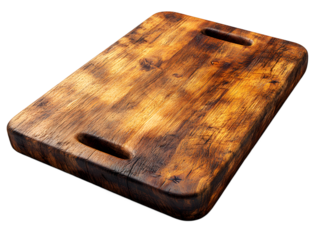 A natural wooden cutting board on an isolated background, photorealistic rendering for digital mockups and creative visual assets