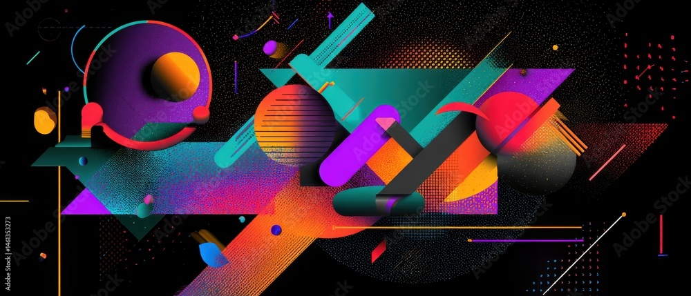 Aufkleber vibrant abstract geometric background with colorful shapes and halftone pattern on black backdrop co