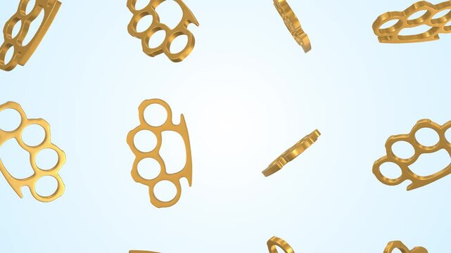 Brass Knuckles Falling on a Light Blue Background. Golden Iron Fist 3D. 4K