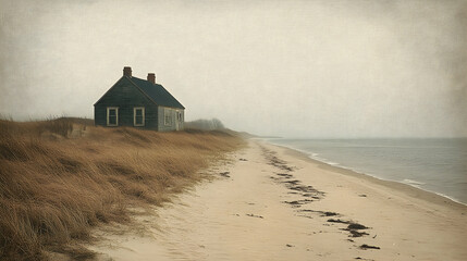 Deserted beach house on a misty shore