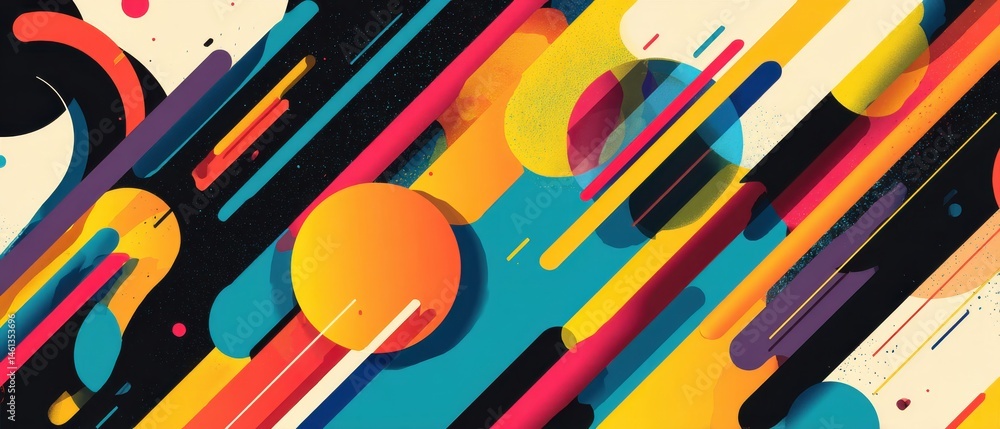 Poster vibrant abstract background with colorful geometric shapes, dynamic lines, and retro design elements