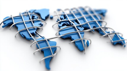 Fototapeta premium 3D map of continents overlaid with steel cables, illustrating global constraints, infrastructure and communication networks