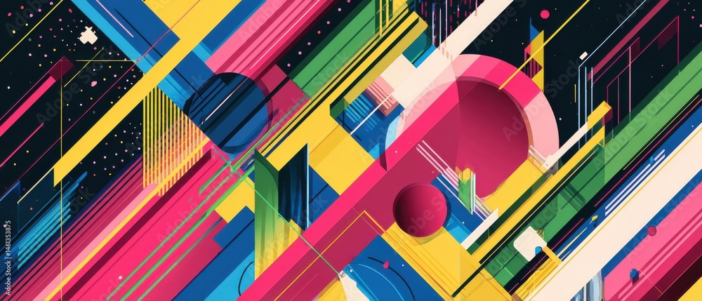 Poster vibrant geometric abstract background with bold colors and dynamic shapes, creating a modern and ene