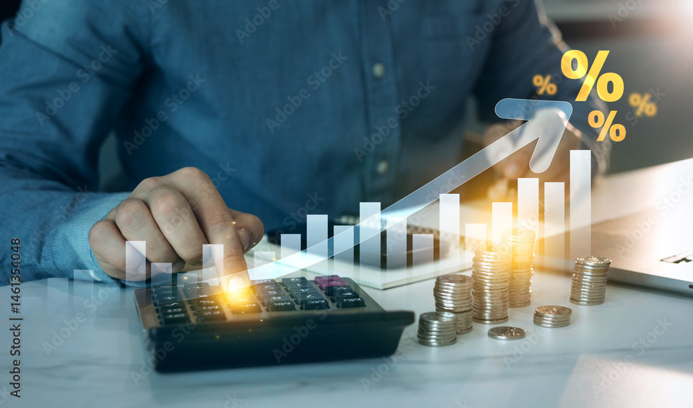 Poster man calculating income and return in percent.percentage interest rates continue to increase, stocks 