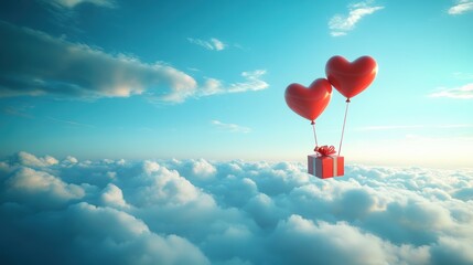 Fototapeta premium A Box flying on a parachute with pink cloud in valentine day,package flying down from sky and cloud with parachute, concept for delivery service,shopping online,air delivery service.