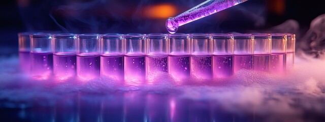 Scientific research environment with pipette adding purple liquid to test tubes in precise laboratory conditions


