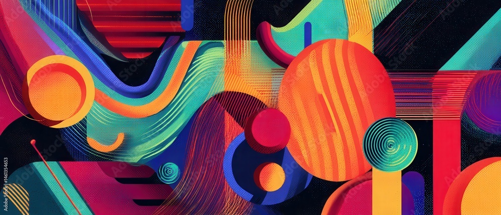 Poster vibrant abstract geometric art with bold shapes and bright colors, creating a dynamic and modern bac