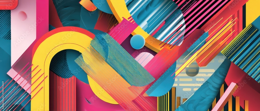 Poster vibrant geometric shapes background with bold colors and dynamic lines creating a modern abstract de