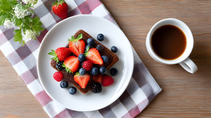 Chocolate toast with fresh mixed berries on a white plate served with black coffee on a checkered napkin. Close-up