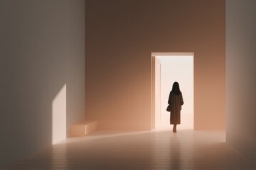 Woman Walking Through Open Doorway in Bright Room