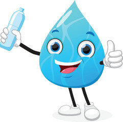 Cute blue water drop cartoon holding bottle mascot character