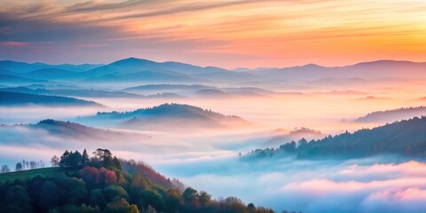 A tranquil scene unfolds beneath a vast expanse of soft pink and blue pastel colors sweeping across the horizon, with gentle mist rising from the valley below , natural, serene