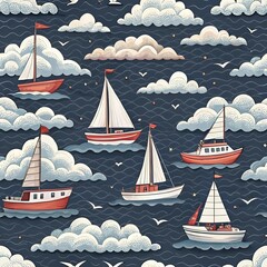 Seamless vector design features a nautical theme with repeating sailboats and yachts on a wavy sea, perfect for summer travel and marine-inspired designs