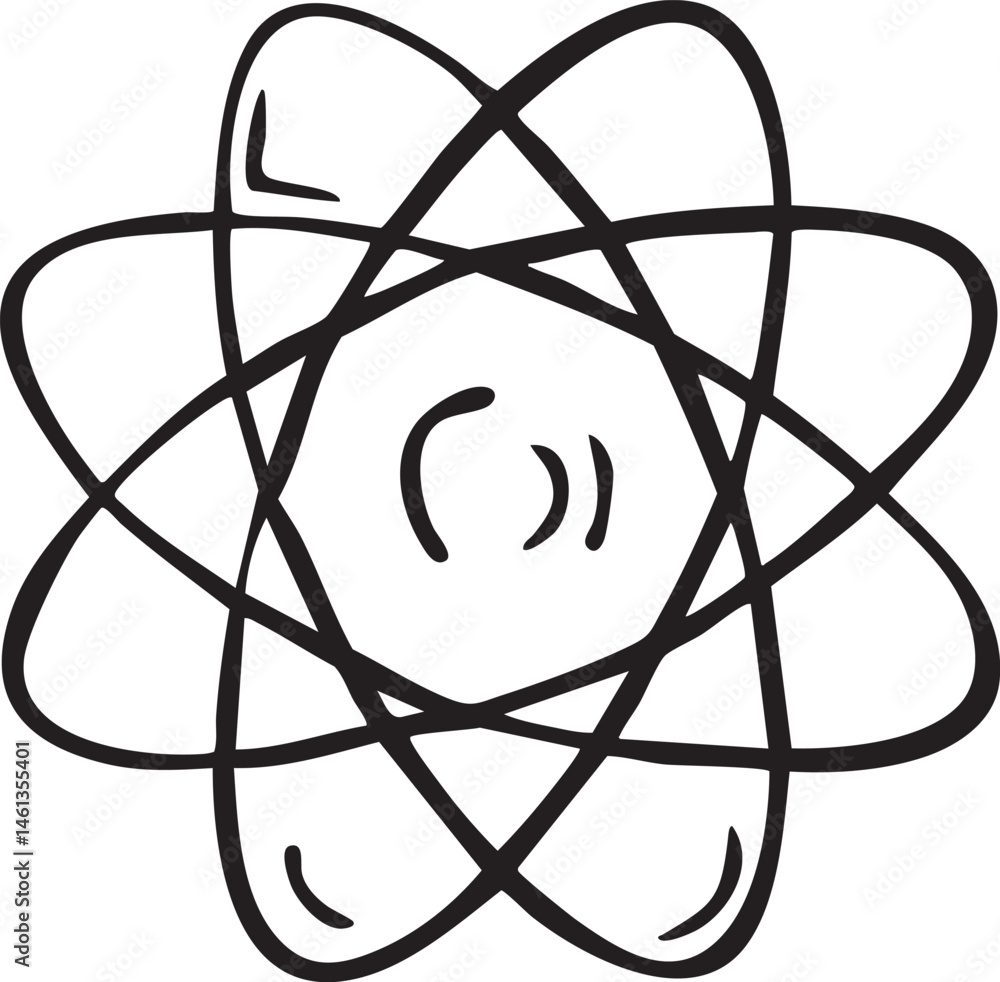 Poster a stylized atomic symbol is encircled by a complex layered geometric