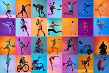 Collage with different athletes, men and women performing sports in motion over multicolor neon...