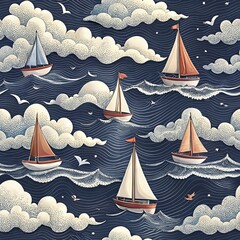 Seamless vector pattern with sailing ships and yachts evokes a nautical summer travel design with ocean waves