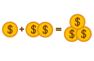 Financial Calculation: One Dollar Coin Plus Two Dollar Coins Equals Three Dollar Coins Illustration .  Simple Math Equation with Gold Dollar Coins on a White Background