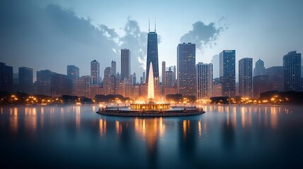Fototapeta premium Cityscape with a fountain in lake, tall skyscrapers visible with lights