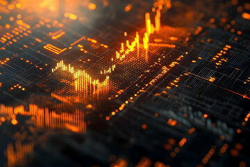 Intricate digital circuit board design with glowing orange data lines.