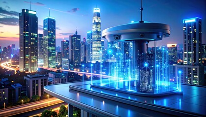Fototapeta premium Futuristic City Skyline with Digital Projection at Night