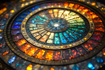Circular, multicolored mosaic design with intricate patterns.